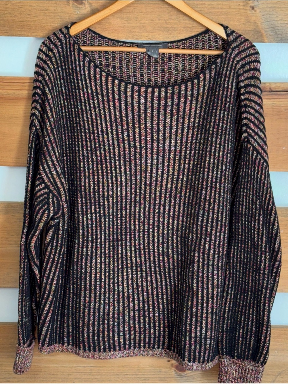 French Connection Ribbed Multicolored Sweater Tight Knit Cozy Women's Size L